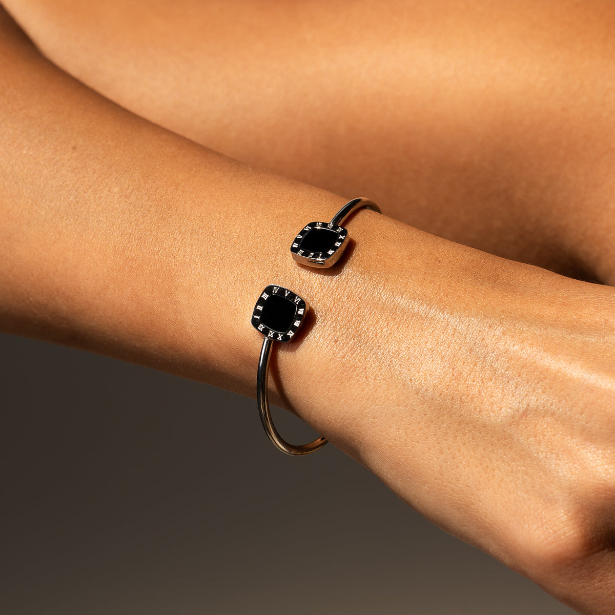 Square Onyx Bangle Bracelet - Silver