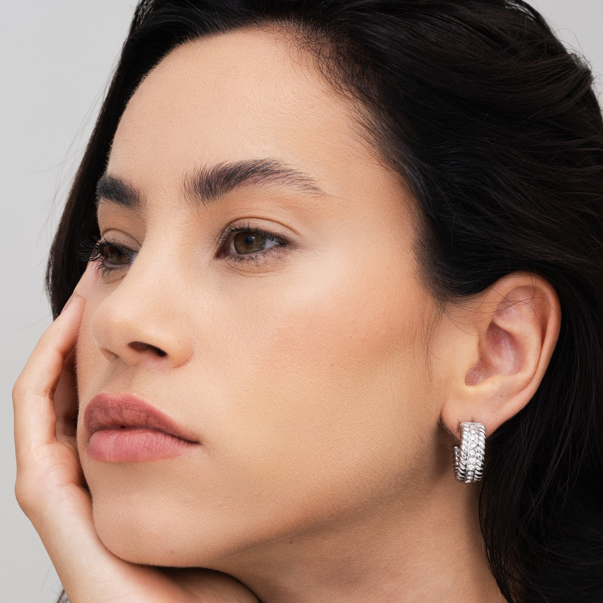 Curb Chain Stone Earrings - Silver