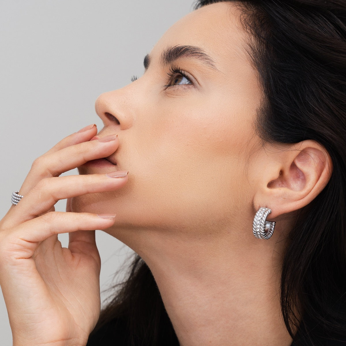 Curb Chain Stone Earrings - Silver