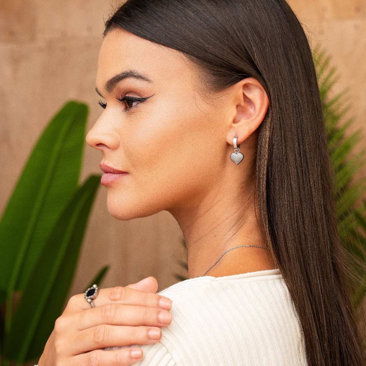 Heart Pendant Huggie Earrings - Silver