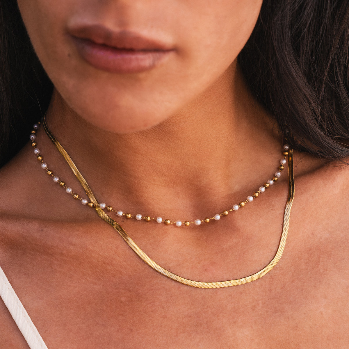 Contrast Pearl Layered Snake Chain Necklace