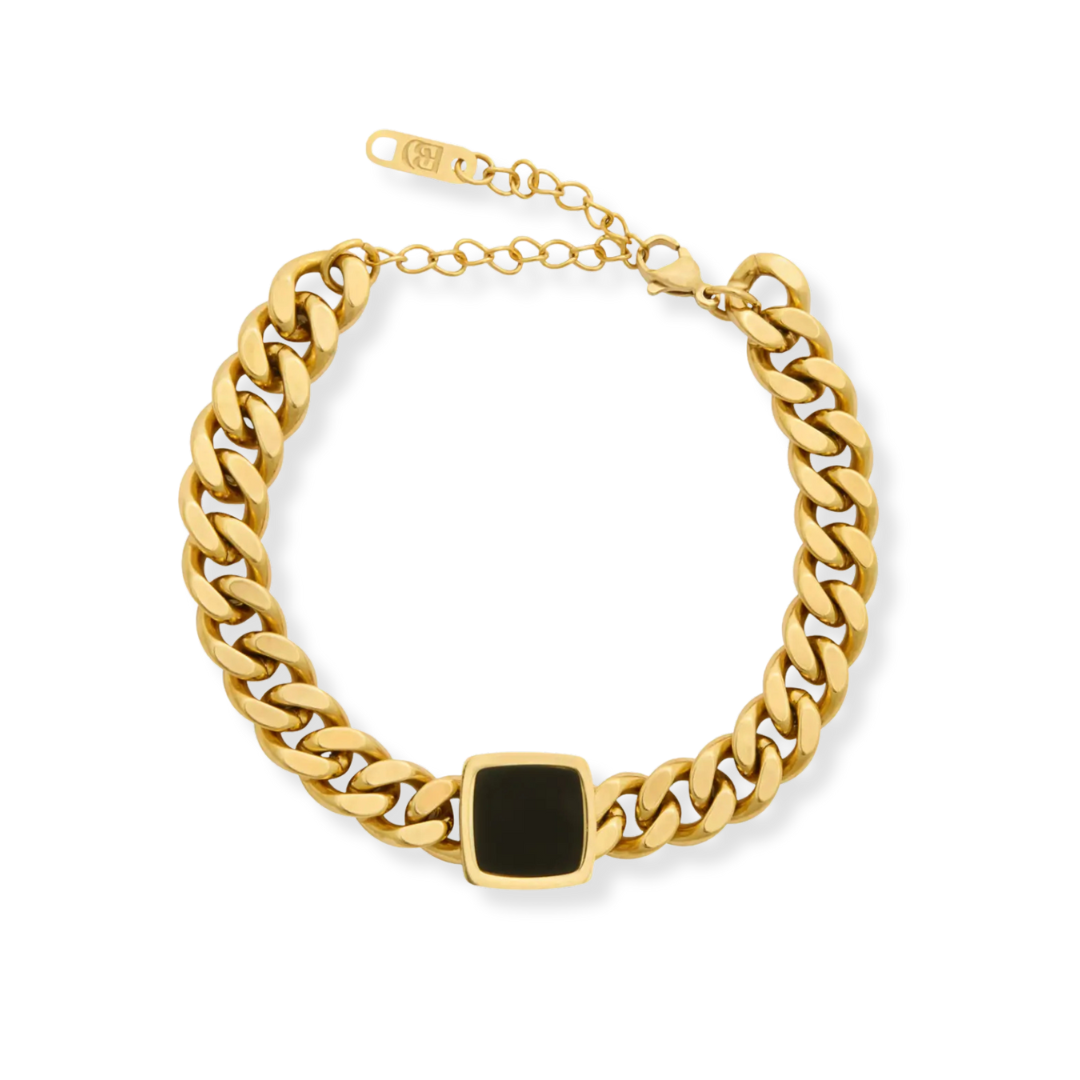 Onyx Square Pendant Cuban Chain Bracelet