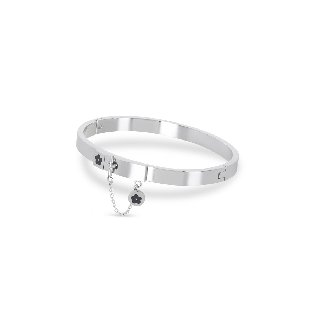 Flower Lock Charm Bangle Pendant Bracelet - Silver