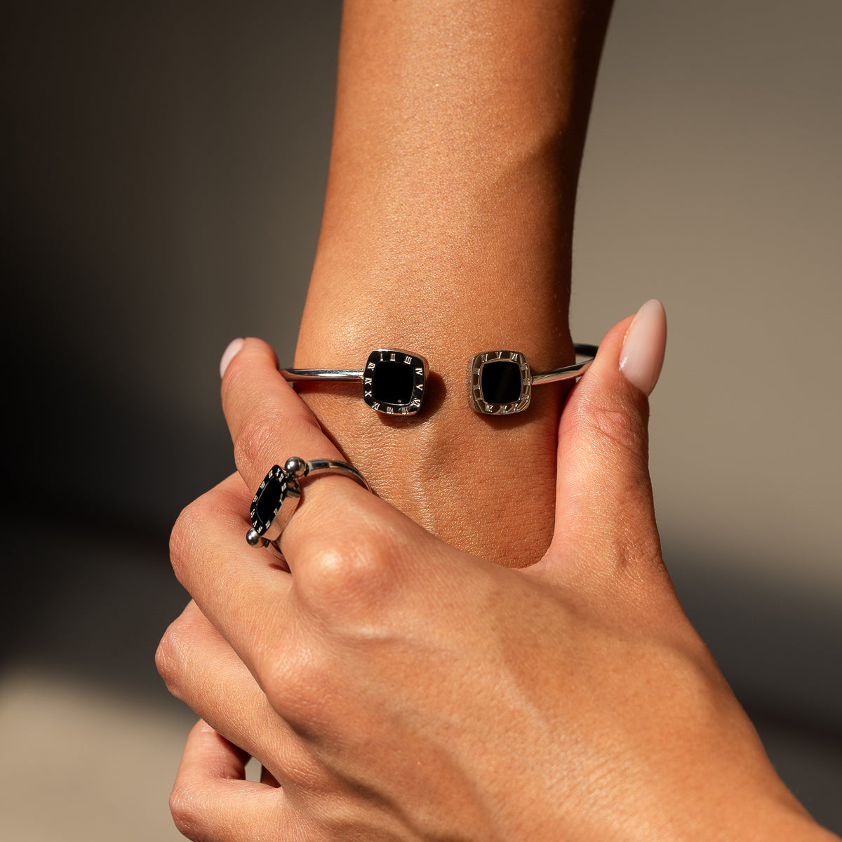 Square Onyx Bangle Bracelet - Silver