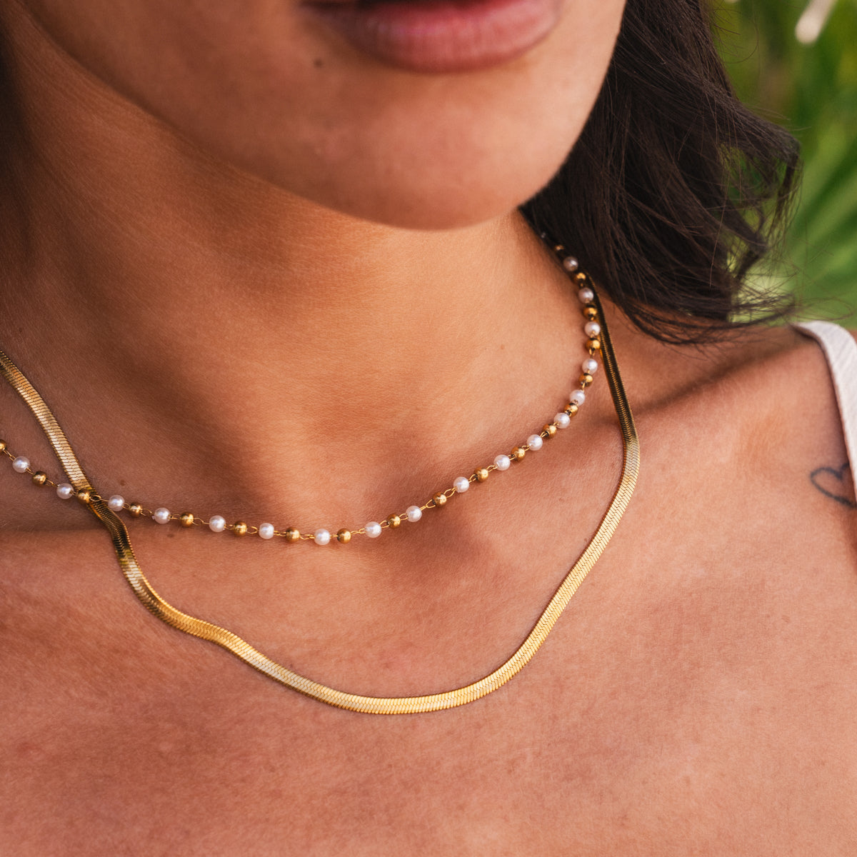 Contrast Pearl Layered Snake Chain Necklace